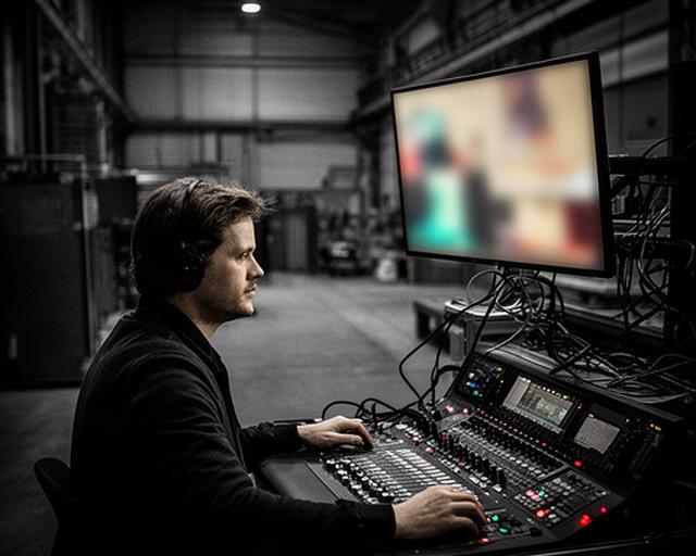 Livestreamspecialist bij een mengpaneel in een industriële productieruimte