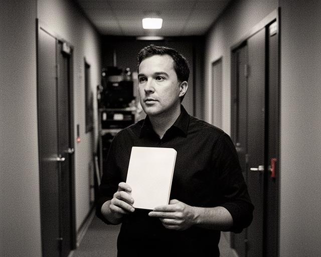 Televisiejournalist met notitieboek in een stille studiogang