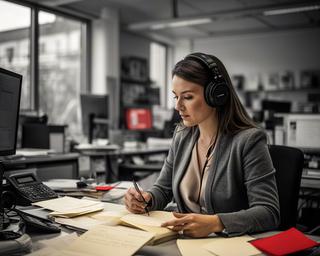 Saima Sarkesian aan een redactietafel in Rotterdam met notities en koptelefoon