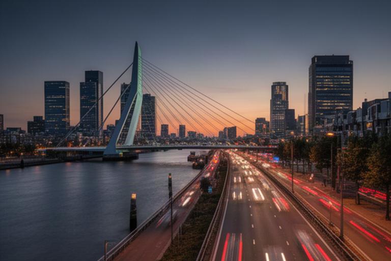 Erasmusbrug bij avondlicht met mediagebouwen en verkeer langs de Maas in Rotterdam